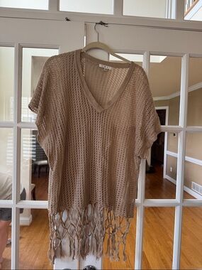CAbi Beige Crochet Fringe Tunic with V-Neck